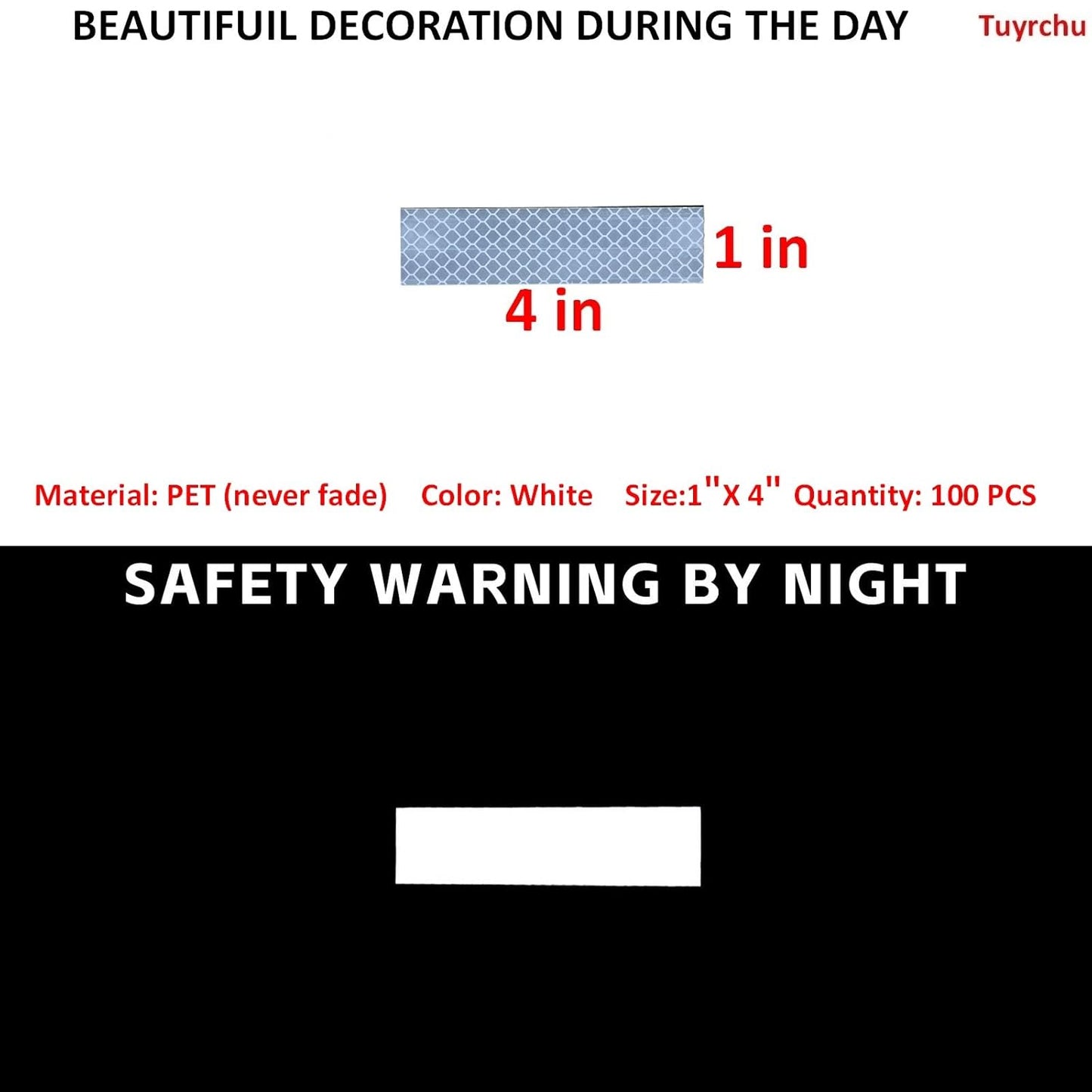 Non Fading White Reflective Stickers 1 inch X 4 inch, Outdoor Waterproof High Visibility Warning Safety Adhesive Reflector Tape (100 Pcs)