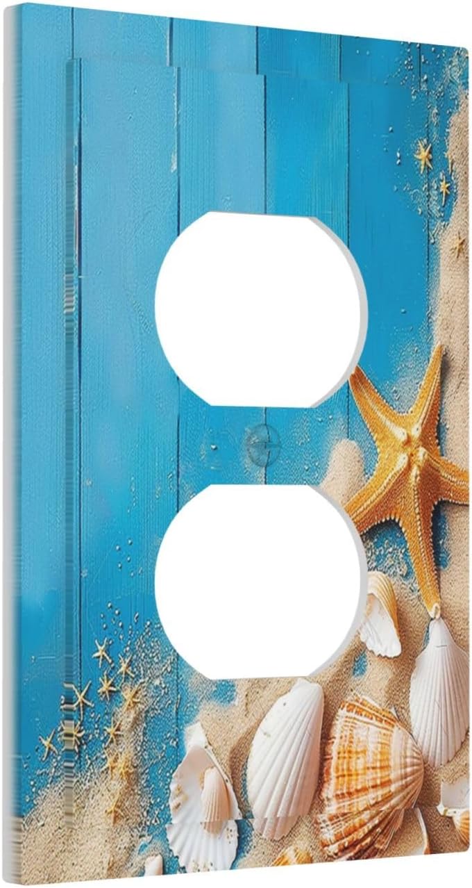 Outlet Covers Blue Wood Grain Beach Shell Starfish 1 Gang Duplex Wall Plate Decorative Switch Plates Electrical Receptacle Faceplate Light Switch Cover for Bathroom Farmhouse Decor