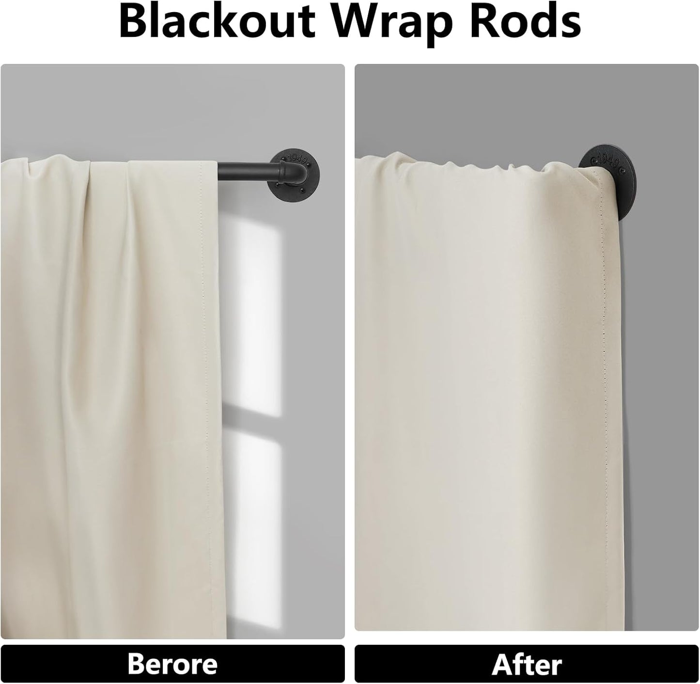 Refrze Industrial Blackout Curtain Rod, 34-48 Inch, 1 Inch Diameter, Heavy Duty, Adjustable, Wrap Around, Black