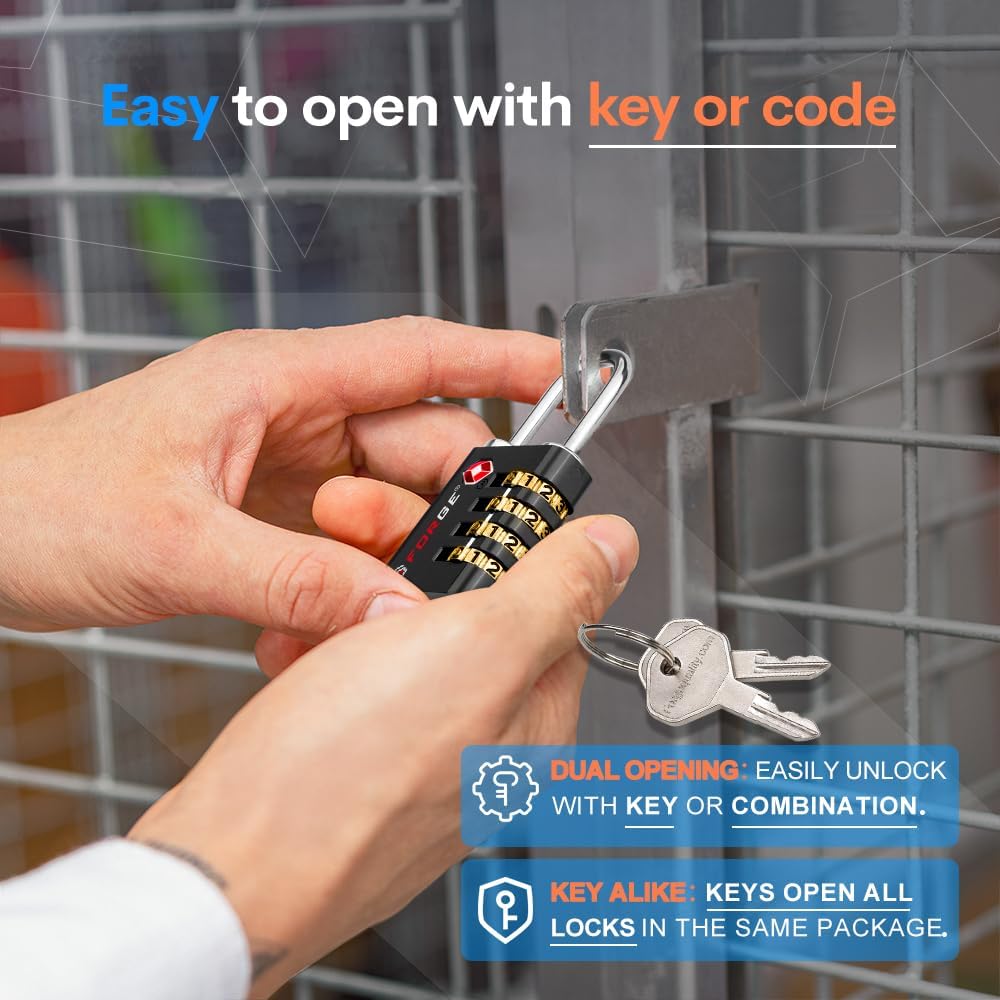 Forge Dual-Opening: Key or Combination Access Lock, TSA Approved Locks for Luggage, Pelican case, Travel, Gym, School, Stainless Steel Shackle. (Black, 4 Pk)