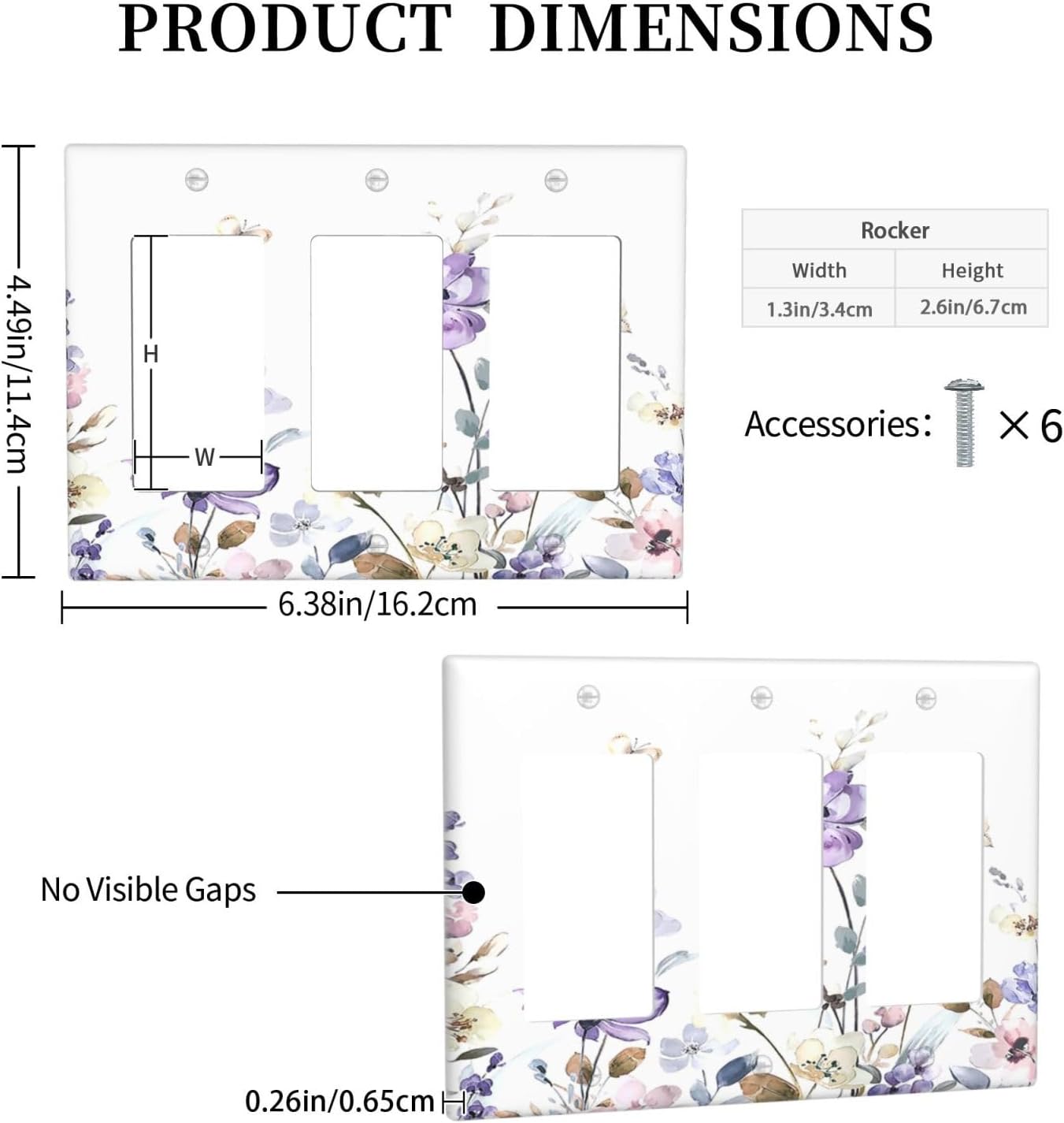 Light Switch Covers Purple Floral Lilac Watercolor Flower Leaves Butterfly Wildflower 3 Gang Rocker Electrical GFCI Decorative Triple Outlet Wall Plate Cover Switchplate for Bedroom Home