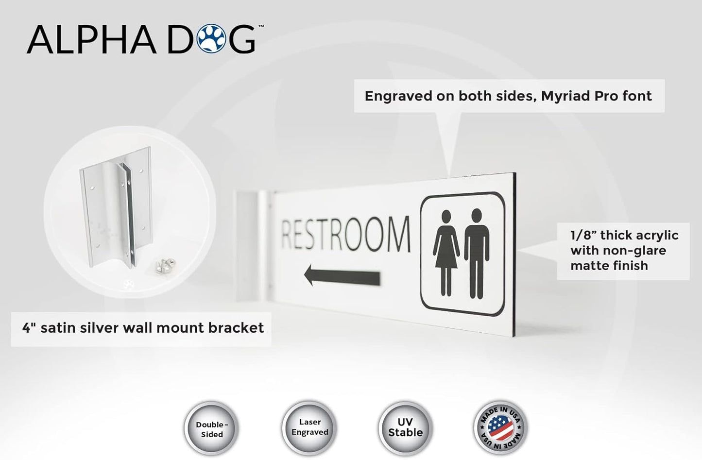 ALPHA DOG SIGNS Corridor Projecting Hallway Bathroom Sign, Left Arrow, 4"x12" Double Sided, Indoor/Outdoor, Easy Install, Durable Business Wayfinding Plaque, USA-Made (White)