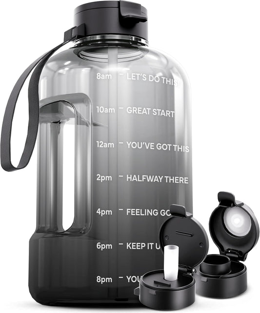 AQUAFIT 128 oz Water Bottle with Time Marker - Straw & Chug Lid - BPA Free 1 Gallon Gym Water Bottle with Handle - Big Gallon Jug (Midnight Gray, 128 Ounces)