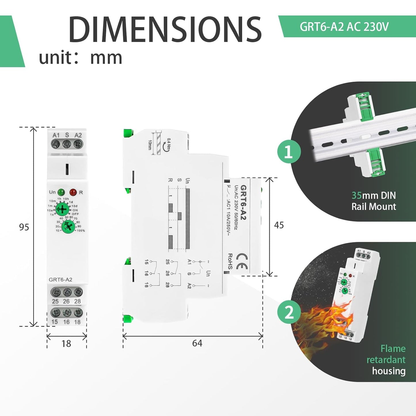 Time Relay GRT6-A2 Delay On Timer Switch, 10A 230V Adjustable Timer Relay in Din Rail for Industrial Grade Waterproof and Dustproof Design