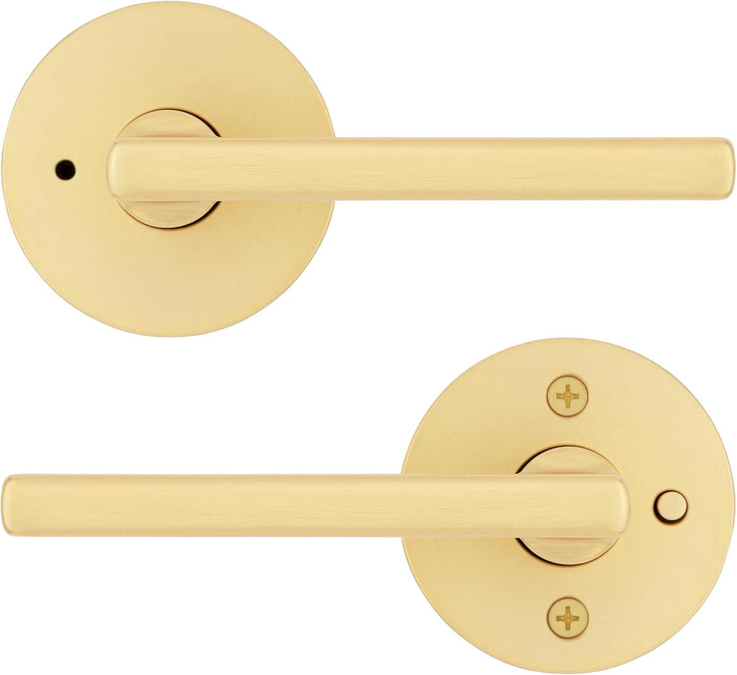 Kwikset Halifax Interior Privacy Door Handle with Lock, Door Lever for Bathroom and Bedroom, Satin Brass Reversible Keyless Push Button Lock Door Lever, with Microban Protection