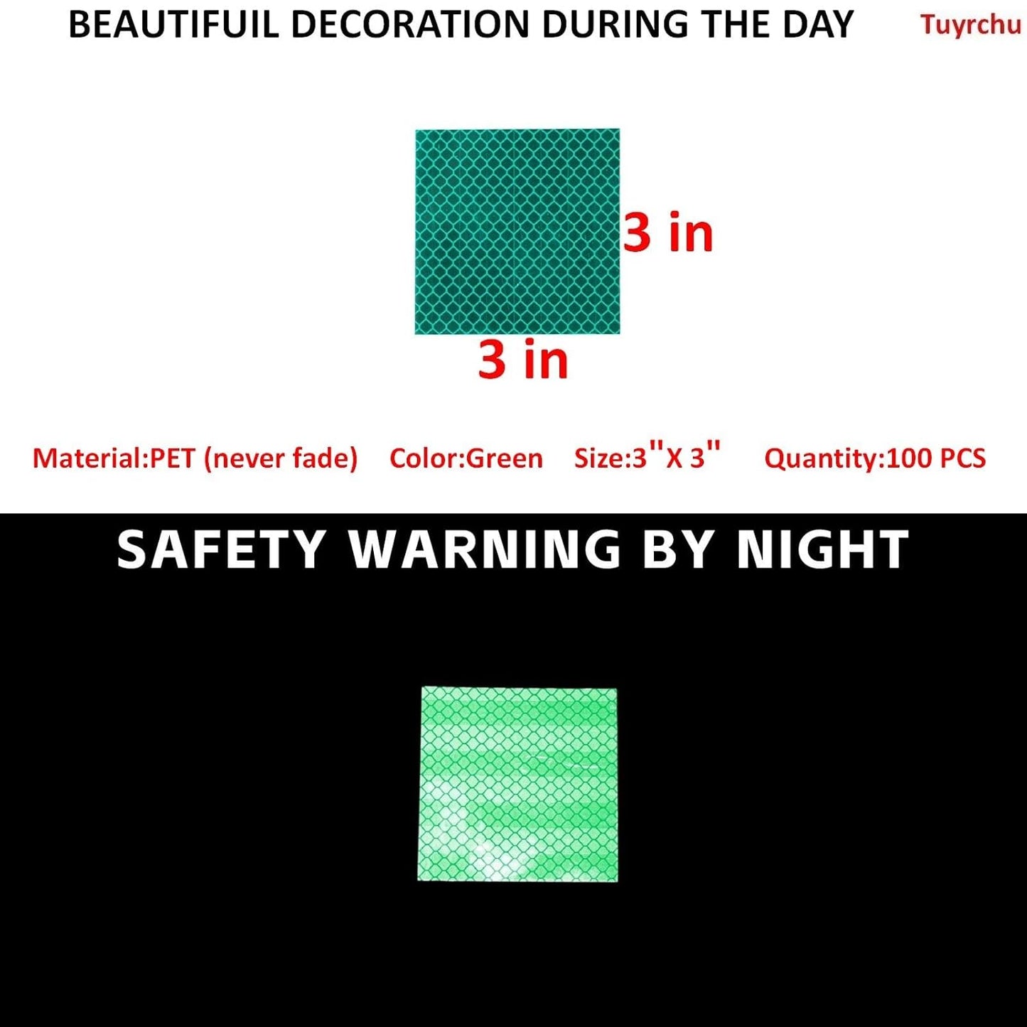 Non Fading Green Reflective Stickers 3 inch X 3 inch, Outdoor Waterproof High Visibility Warning Safety Adhesive Reflector Tape (100 Pcs)