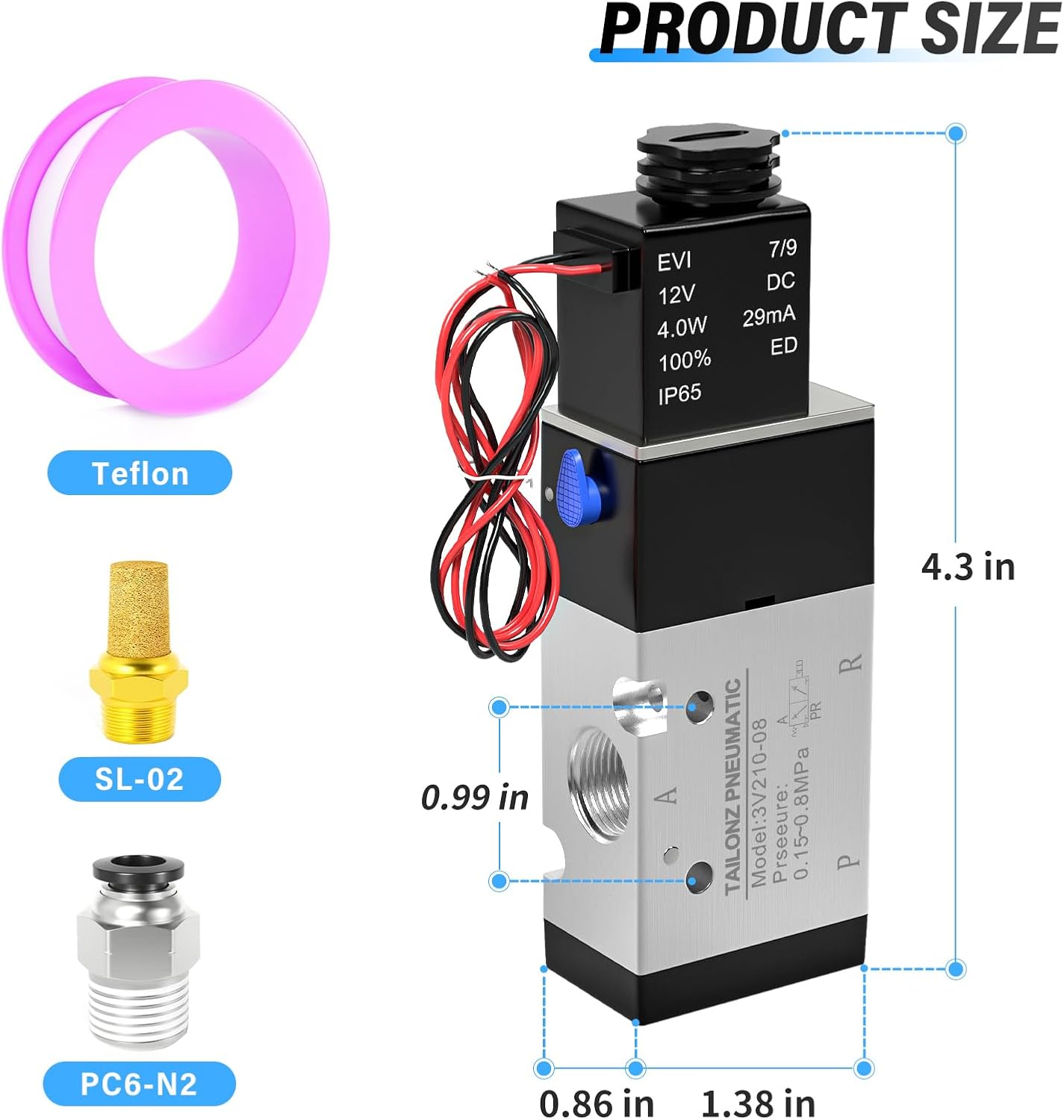 TAILONZ PNEUMATIC 1/4"NPT Solenoid Valve 3V210-08 DC12V Single Coil Pilot-Operated Electric 2 Position 3 Way Connection Type(Outlet wire)