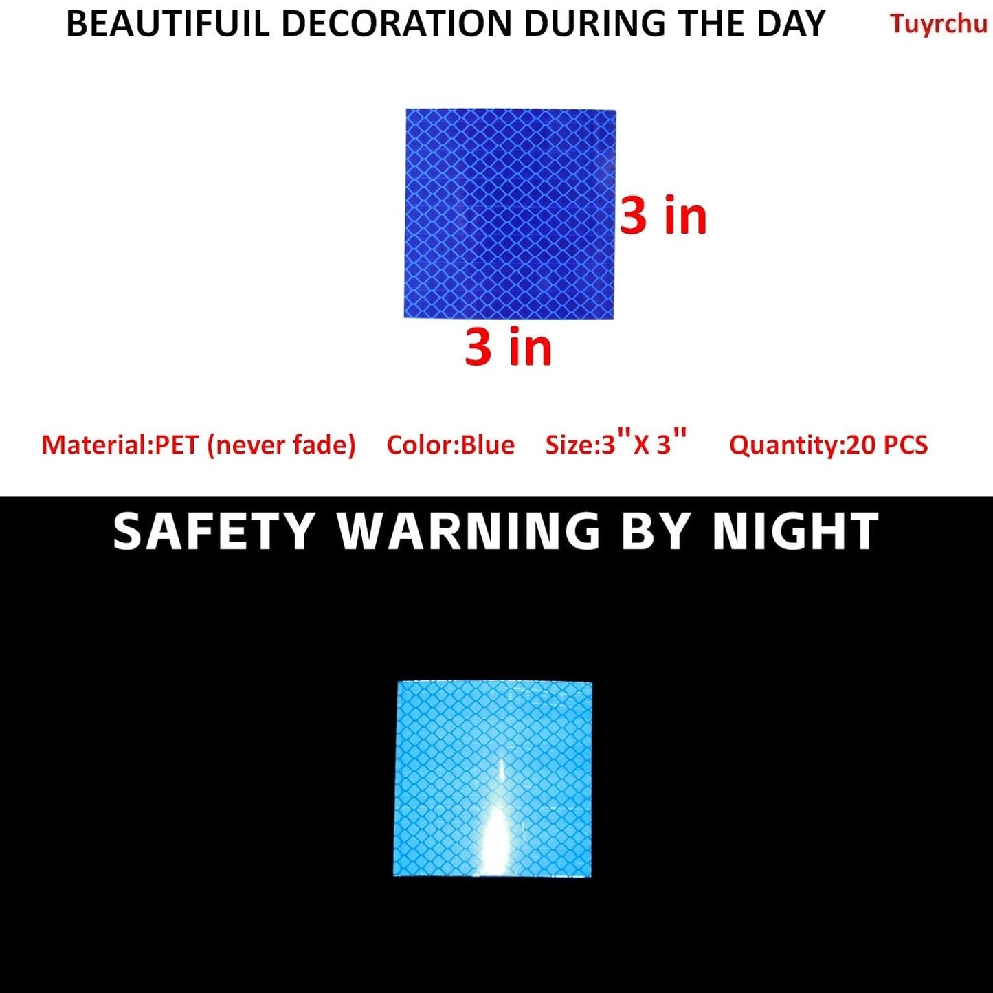 Non Fading Blue Reflective Stickers 3 inch X 3 inch, Outdoor Waterproof High Visibility Warning Safety Adhesive Reflector Tape (20 Pcs)