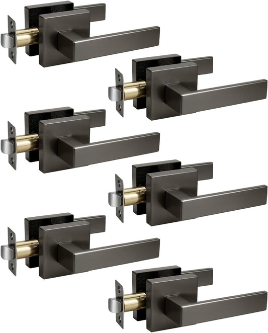 KNOBWELL 6 Pack Door Handles Interior Passage Door Knob for Closet Hallway Gunmetal Black Door Leverset Mordern Doorknob