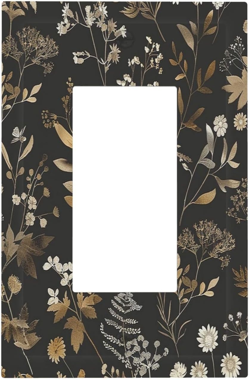 Decorative Outlet Covers Black Gold Floral Dark Leaves Vintage Flowers 1 Gang Single Rocker Light Switch Cover Plate Wall Plates GFCI Faceplate for Bed Room Home Decor