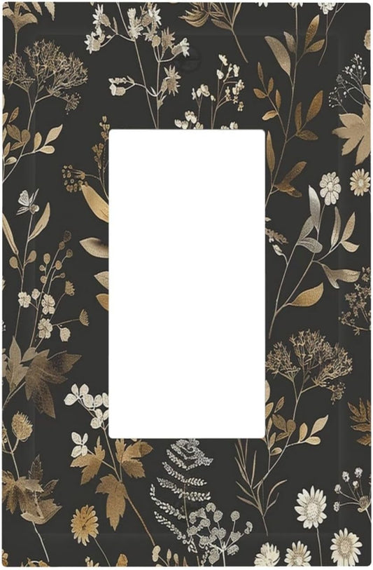 Decorative Outlet Covers Black Gold Floral Dark Leaves Vintage Flowers 1 Gang Single Rocker Light Switch Cover Plate Wall Plates GFCI Faceplate for Bed Room Home Decor