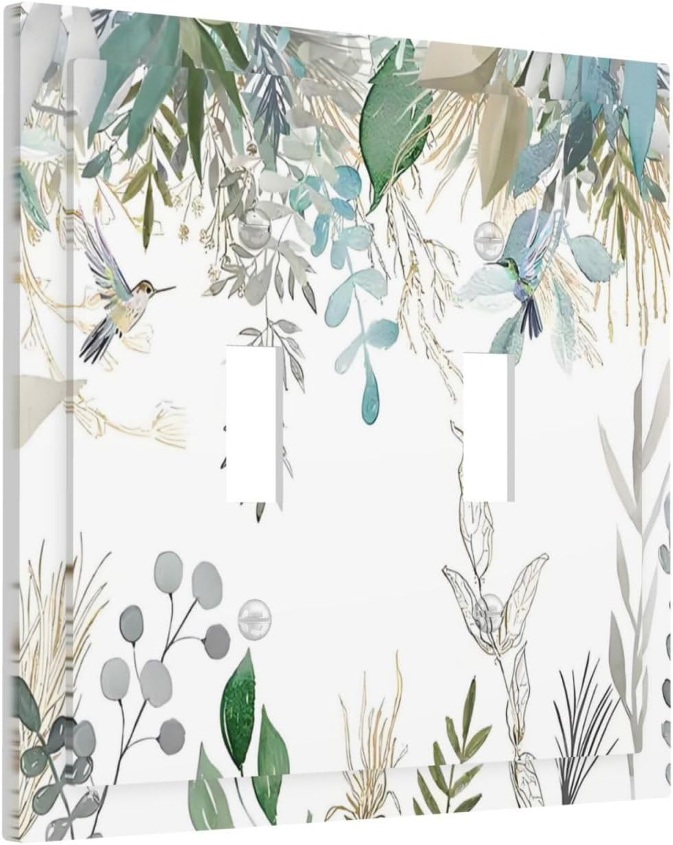 Green Tropical Palm Leaves Flower Plants Hummingbird Decorative Switch Plates 2 Gang Double Toggle Outlet Light Switch Cover Wall Plate Electrical Faceplate for Bed Room Living Room Decor