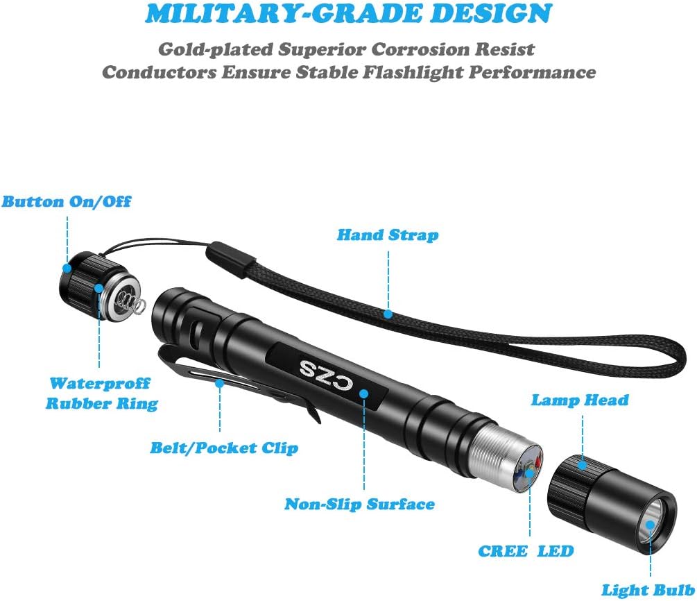 CZS LED Flashlight Penlight 1000 Lumens Battery-Powered Handheld Pen Light Pocket Torch Powered by 2AAA Battery, 5 PCS (Battery Not Included)