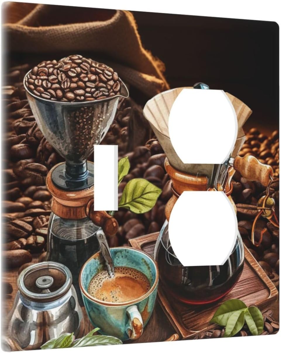 Decorative Outlet Covers Retro Coffee Maker Beans Cup 2 Gang Wall Plate Cover Single Toggle Duplex Combo Two Switch Light Switch Cover Plate Jumbo Dual GFCI Faceplate