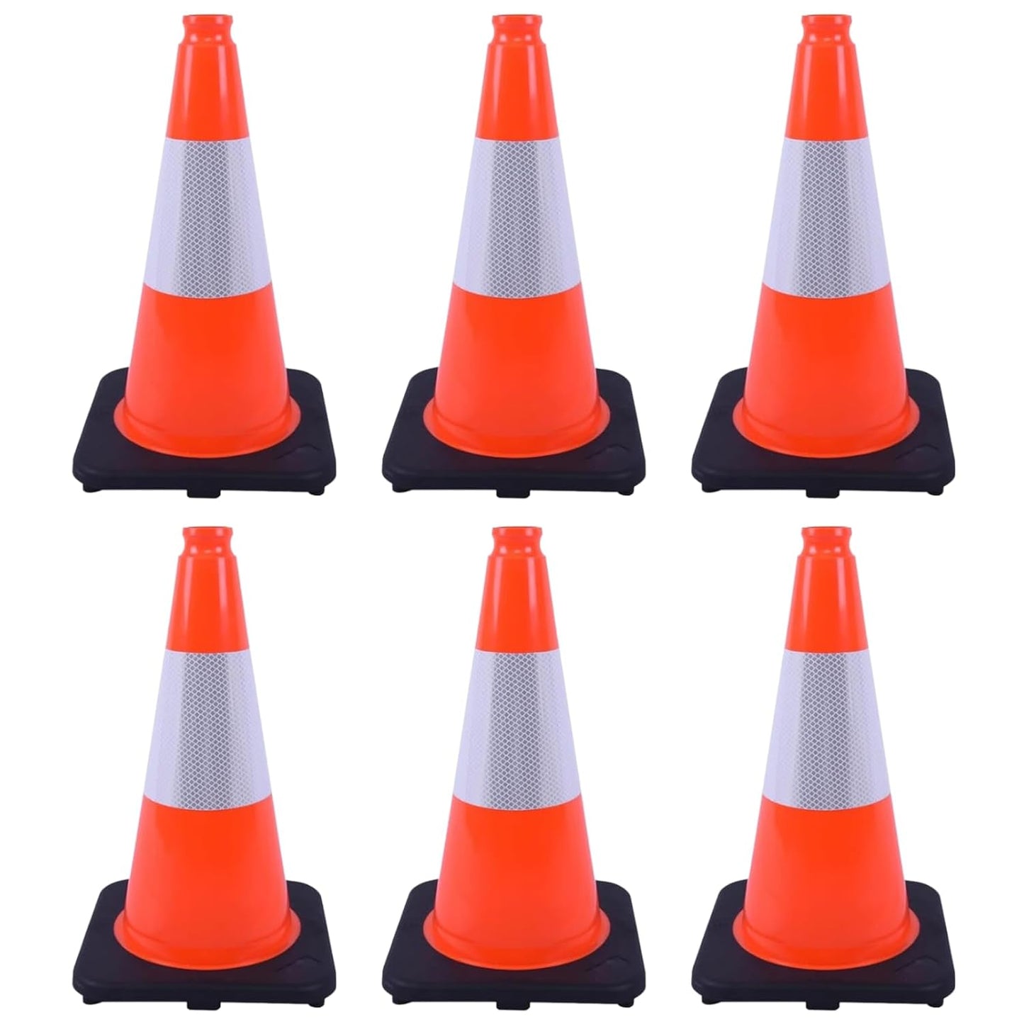 6 Pack 18 Inch Orange Reflective Traffic Cones, Black Base PVC Safety Cones for Construction Sites, Parking Control and Hazard Marking (6, Orange, 18 Inch)