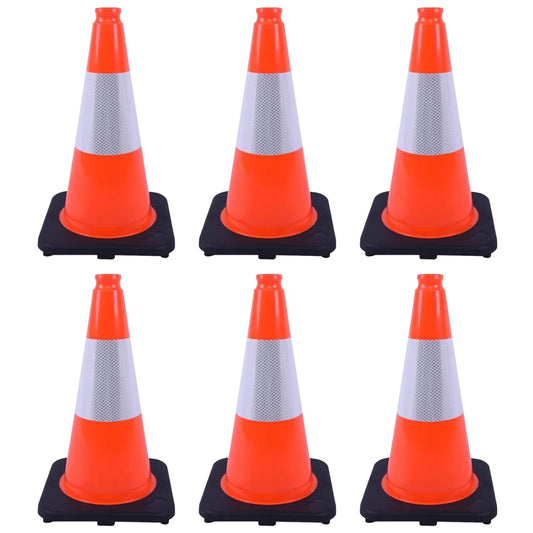6 Pack 18 Inch Orange Reflective Traffic Cones, Black Base PVC Safety Cones for Construction Sites, Parking Control and Hazard Marking (6, Orange, 18 Inch)