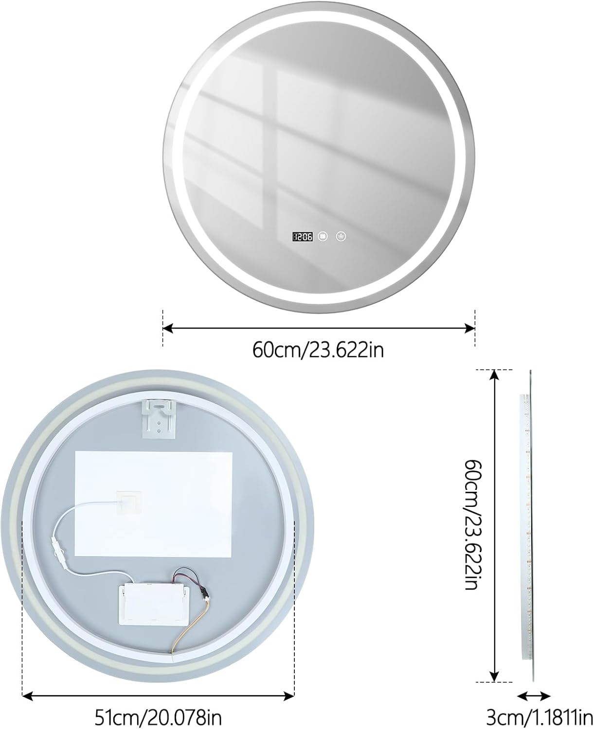 24" Round LED Bathroom Mirror with Anti-Fog & Touch Switch - 60x60cm Wall-Mounted Makeup Vanity Mirror, No Drilling Required, Smart Display Bathroom Mirror
