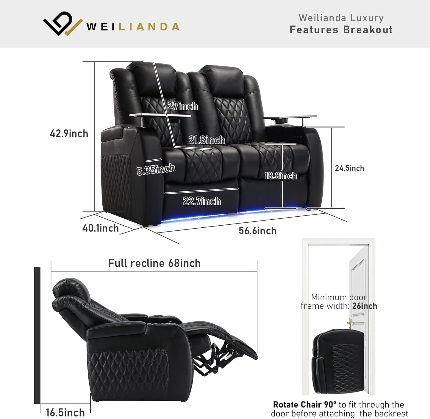 Weilianda Home Theater Seating Top Grain Leather Zero Gravity Recliner Chair Power Headrest Recline Movie Seat Gaming 7 Colors Mood Light Sofa with Tray Table USB Charge Row of 2 Loveseat Black