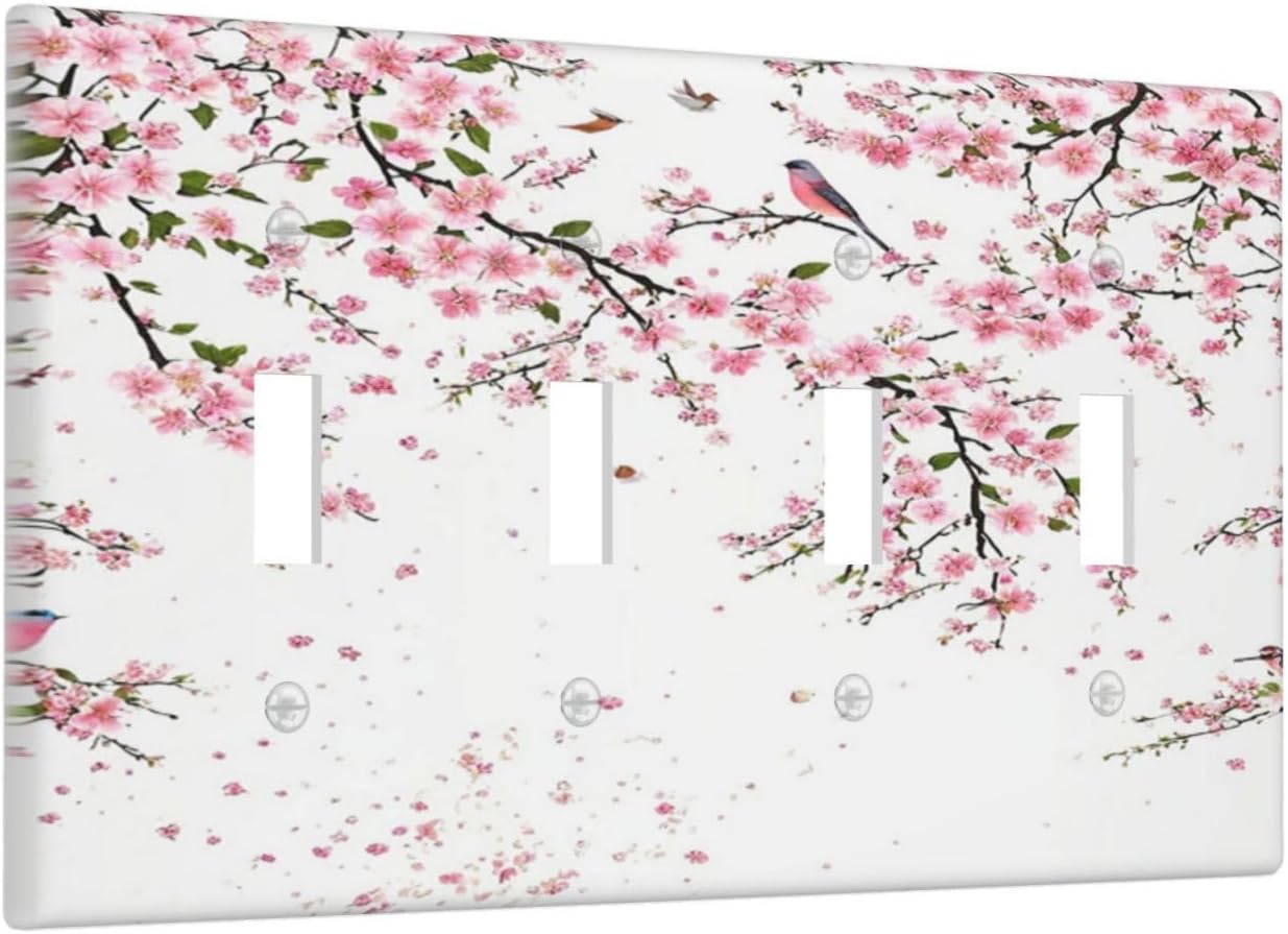 Decorative Light Switch Plate Covers Rustic Plum Blossom Pink Flowers 4 Gang Light Switch Cover Quad Toggle Wall Plate Outlet Covers for Country Home Bedroom Decor