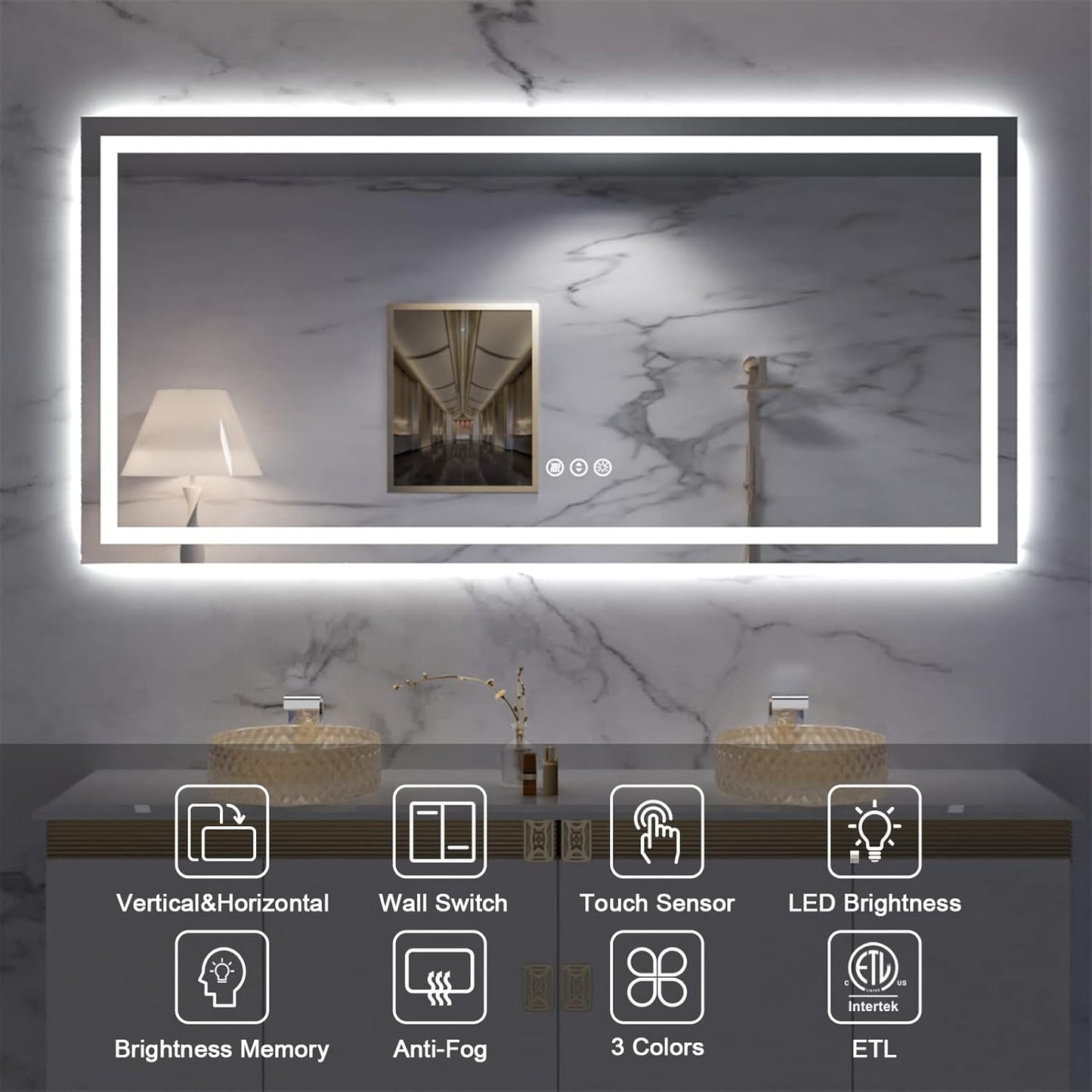 Amorho LED Mirror for Bathroom, 72''x 40'' with Front and Backlight, Large Dimmable Wall Mirrors with Anti-Fog, Shatter-Proof, Memory, 3 Colors, Double LED Vanity Mirror