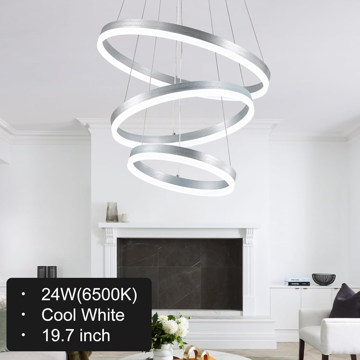Buccleuch Modern LED Chandelier - Dimmable 19.7" Silver Round Pendant Light, Height Adjustable UL-Certified Ceiling Light for Dining Room, Kitchen Island, Living Room, Bedroom, Foyer