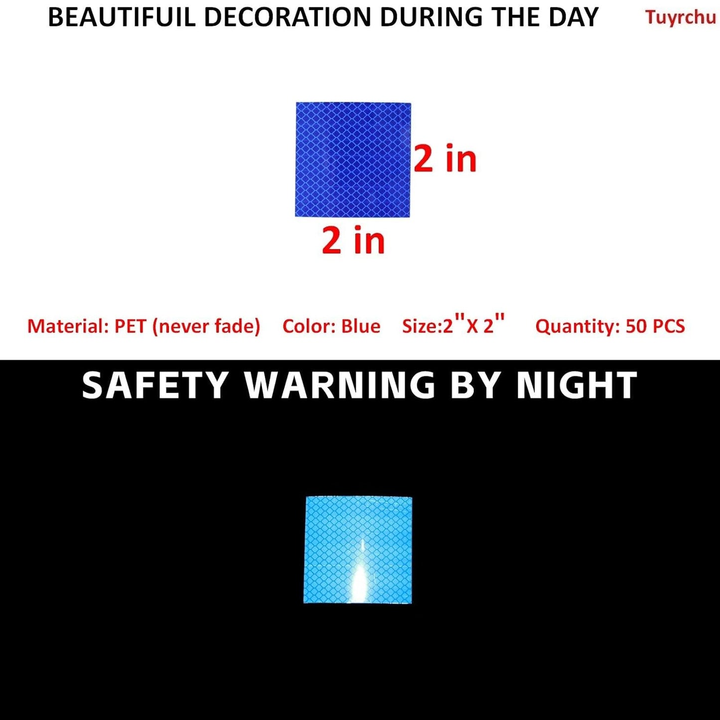 Non Fading Blue Reflective Stickers 2 inch X 2 inch, Outdoor Waterproof High Visibility Warning Safety Adhesive Reflector Tape (50 Pcs)
