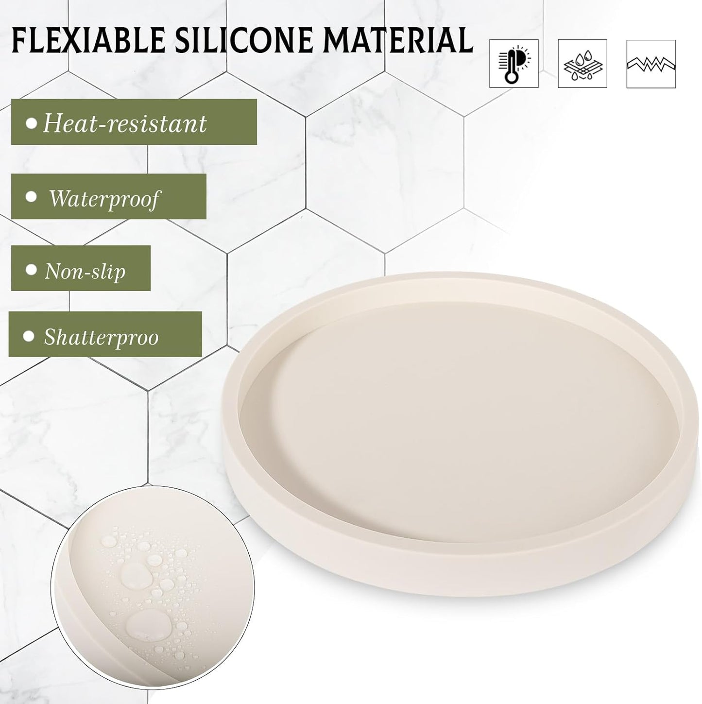 Silicone Bathroom Tray Round Vanity Tray Decorative Soap Holder Kitchen Countertop Organizer Coffee Table Decor for Candle, Perfume, Plant, 9 Inch, Beige