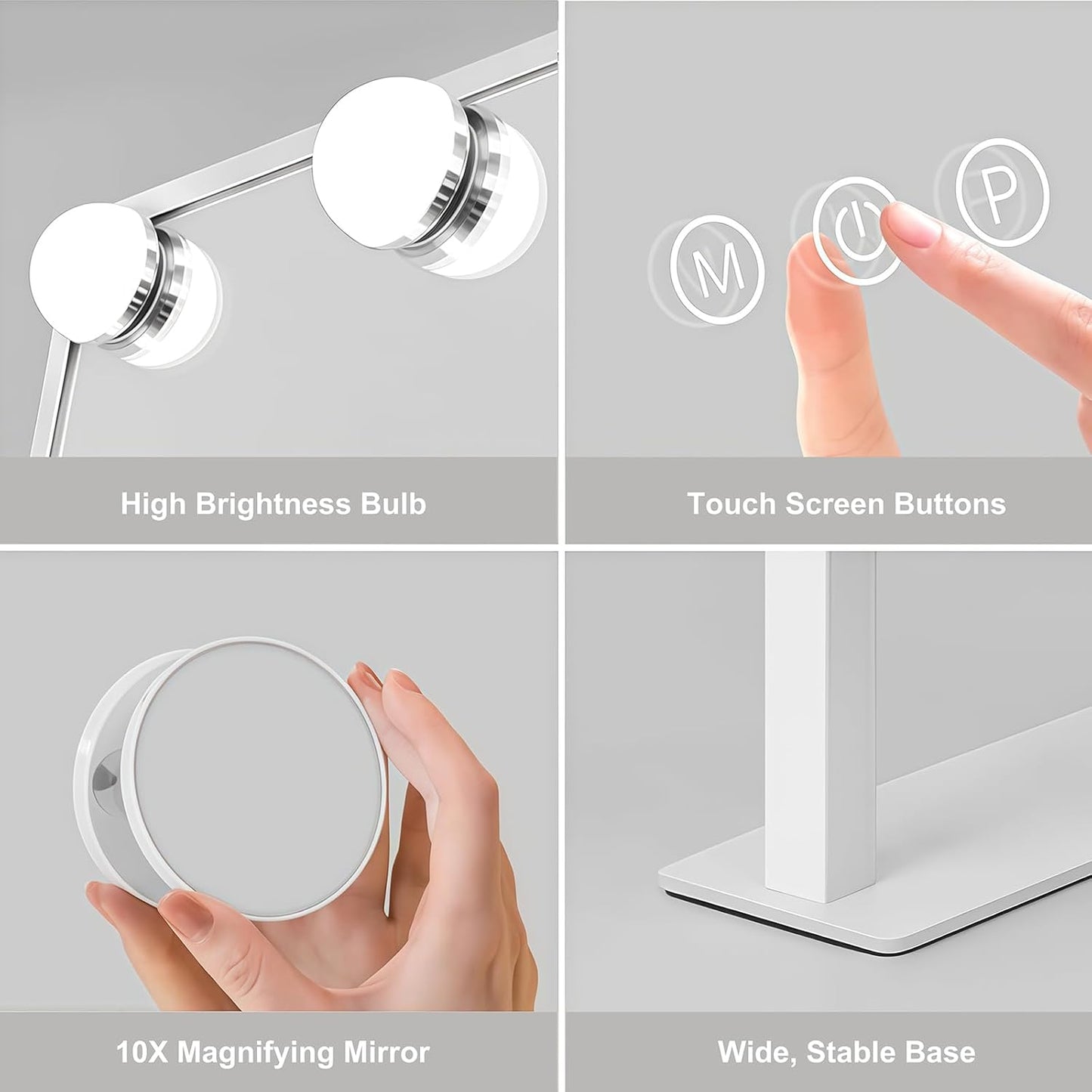 Lighted Vanity Mirror with 9 LED Lights, Detachable 10x Magnifying Mirror, 3-Color dimmable Hollywood Makeup Mirror, Smart Touch Control, Metal Frame, 360-degree Rotation, White/Black (White)