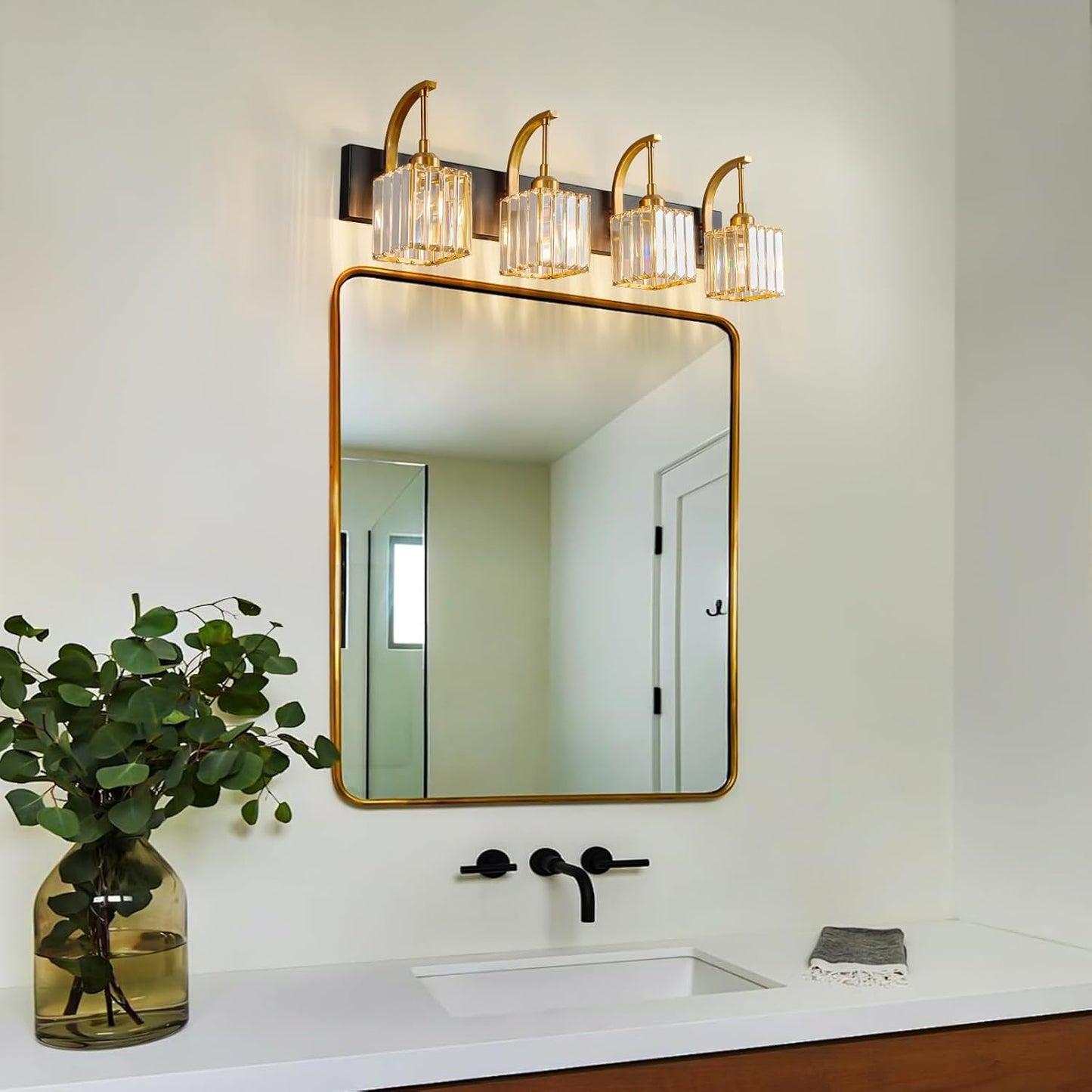 Crystal Vanity Lights 4-Light Black Gold Bathroom Vanity Lights Modern Crystal Bathroom Light Fixtures Over Mirror 32.67" Long Vanity Light for Bathroom