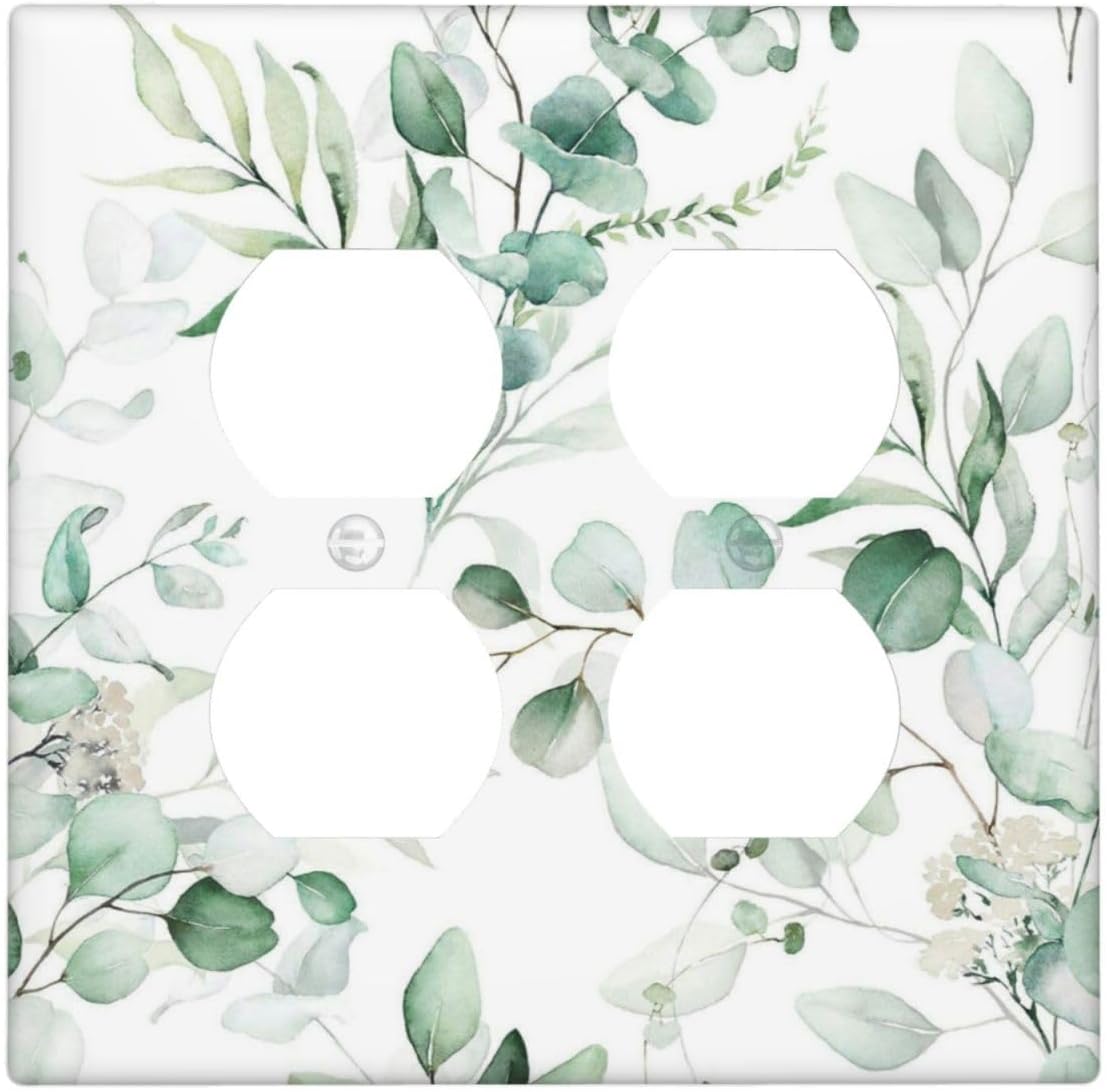 Boho Green Eucalyptus Leaf Floral Plants Flowers Outlet Covers 2 Gang Double Duplex Decorative Light Switch Covers Electrical Wallplates Socket Faceplate for Bed Room Living Room Decor
