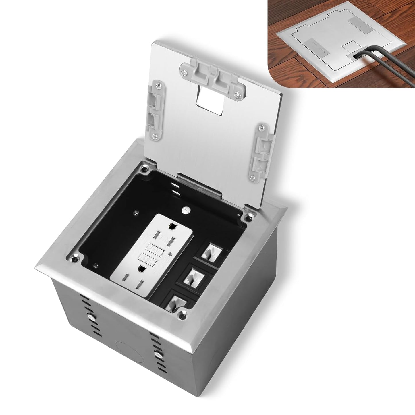KYHSHJ Recessed Flat Hidden Socket Kit with 2 * 15 Amp Stainless Steel GFCI Tamper Receptacle Outlet+3-Port RJ45 Datacom Receptacle. Internal Height Adjustable，Corrosive Resistant Hardware，Silver
