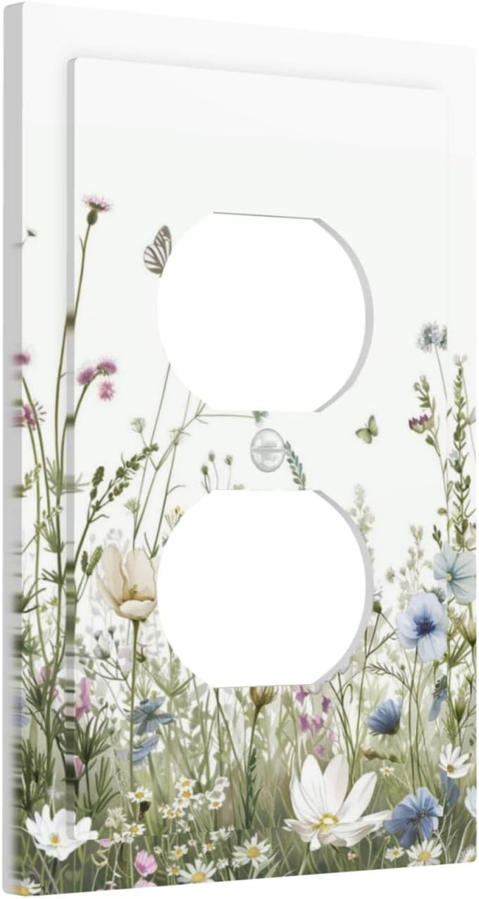 Colorful Wildflowers Daisy Plant Butterfly Floral Outlet Covers 1 Gang Duplex Light Switch Cover Decorative Switch Plates Electrical Receptacle Faceplate Wall Plate for Bed Room Living Room Decor