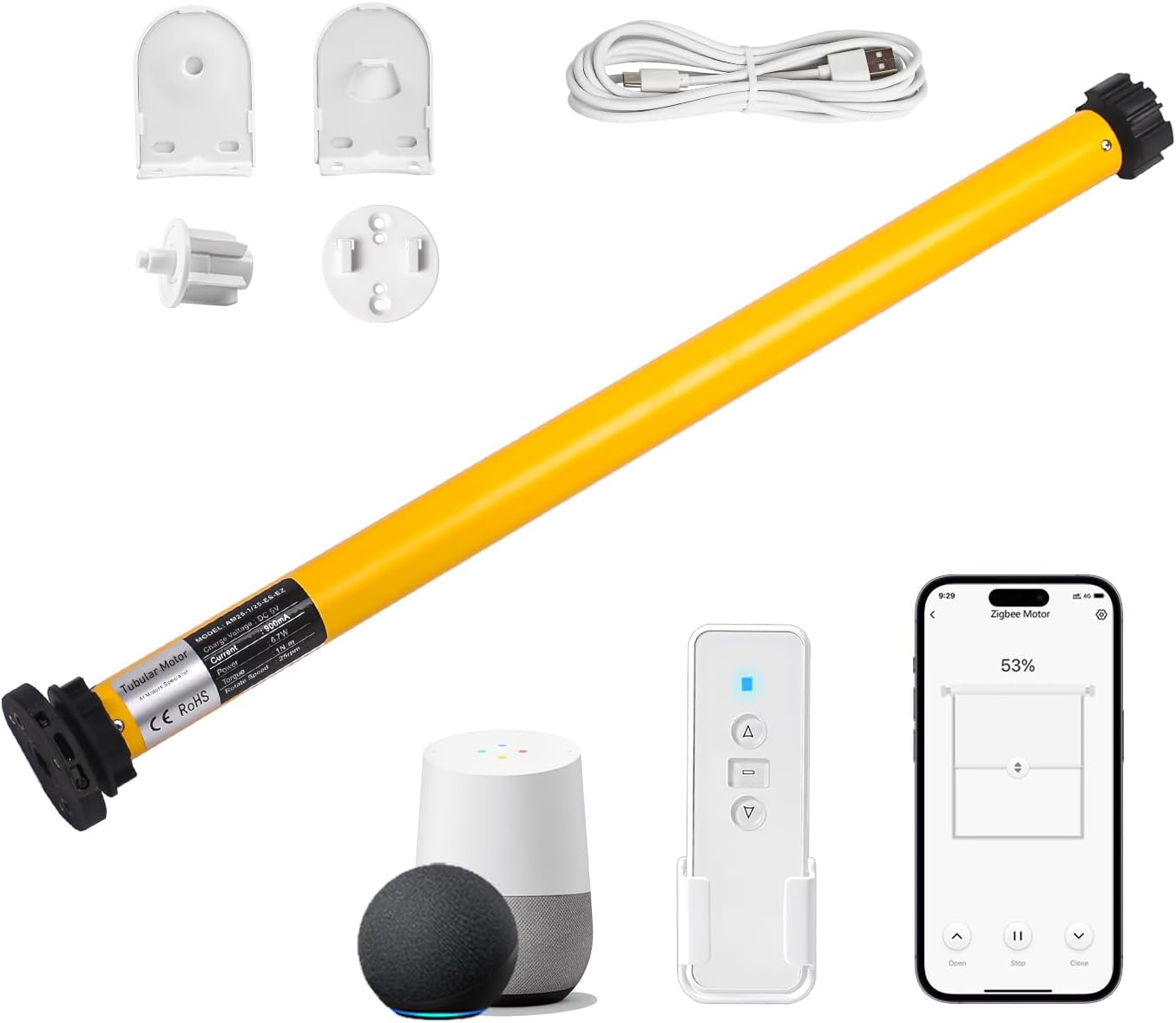 AM25 Zigbee Smart Blinds Motor for 1.5" Shade Tube, Type-C Rechargeable Window Shade Motor, 10 lbs Load Capacity, DIY Motorized Zebra/Roman/Roller Blinds, Compatible with Alexa & Google Home