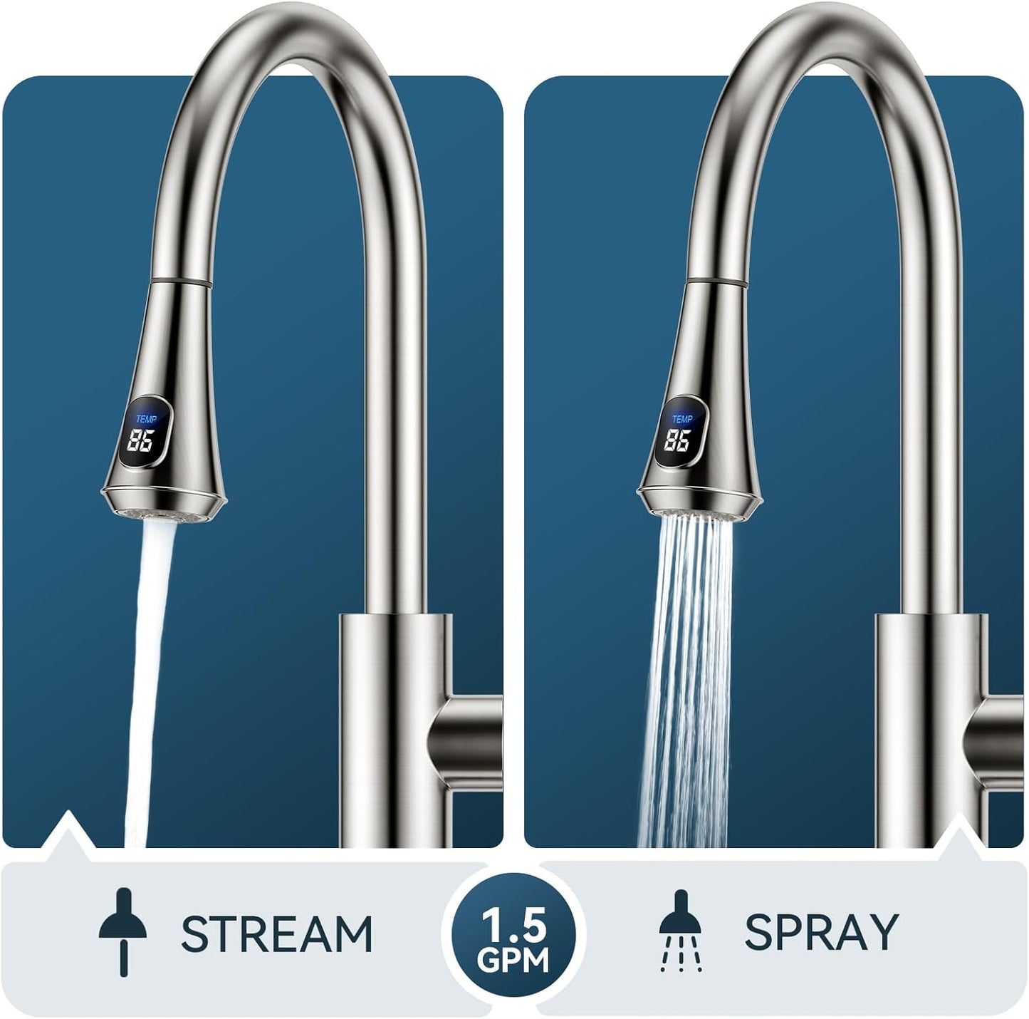 FORIOUS LED Kitchen Faucet with Pull Down Sprayer, Brushed Nickel, Single Handle Modern Stainless Steel Sink Faucet with Temperature Digital Display, Suitable for Farmhouse Camper Rv Bar