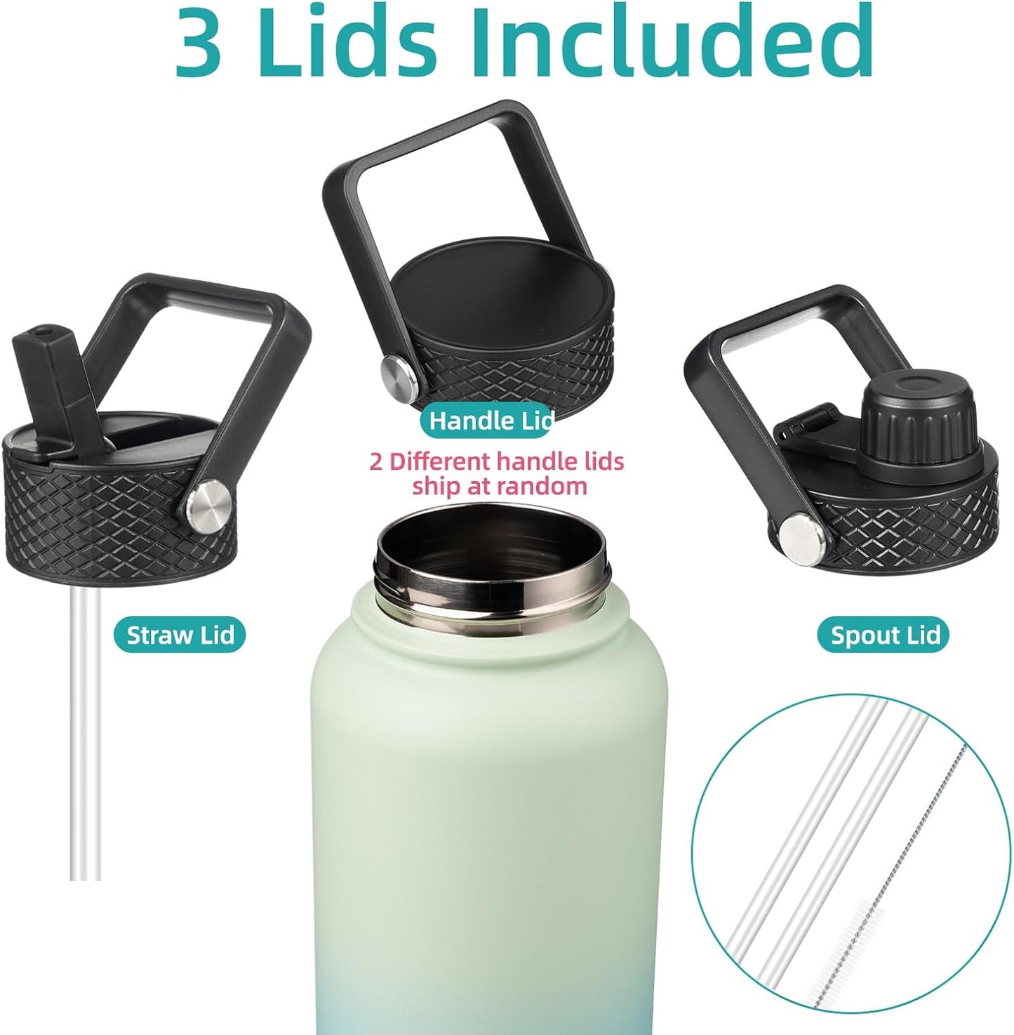 32 oz Insulated Water Bottle Stainless Steel Sport Bottles with 3 Lids,Mint