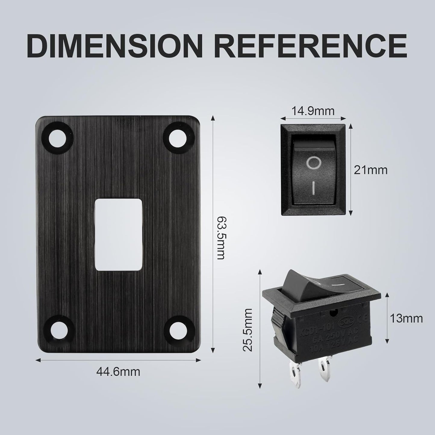 1Pcs Black KCD1 Boat Rocker Switch 2-Position 2-Pin SPST Panel Switch 6A 250VAC 10A 125VAC, with 4pcs FDFD2-187 Blue Terminals, CE