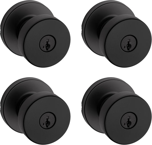Kwikset Pismo Entry Door Knob with Lock and Key, Secure Keyed Handle Exterior, Front Entrance and Bedroom, Matte Black, 4 Pack, Pick Resistant SmartKey Rekey Security and Microban