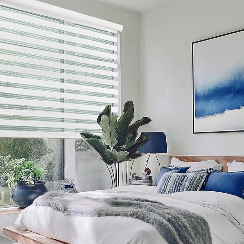 Shadesu Custom Size Zebra Blinds for Windows, 25" W x 72 H, White, Dual Layer Free-Stop Zebra Shades, Light Control for Day and Night, Sheer Blinds for Indoor Windows, Bedroom, Kitchen