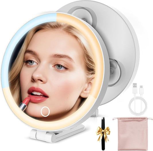 Travel Makeup Mirror with Lights, Lighted Magnifying Mirror 10X, 4-in-1 Portable for Handheld, Tabletop, Hanging and Wall Mount with Suction Cup and 3 Color Light, Ideal Gift for Women and Seniors