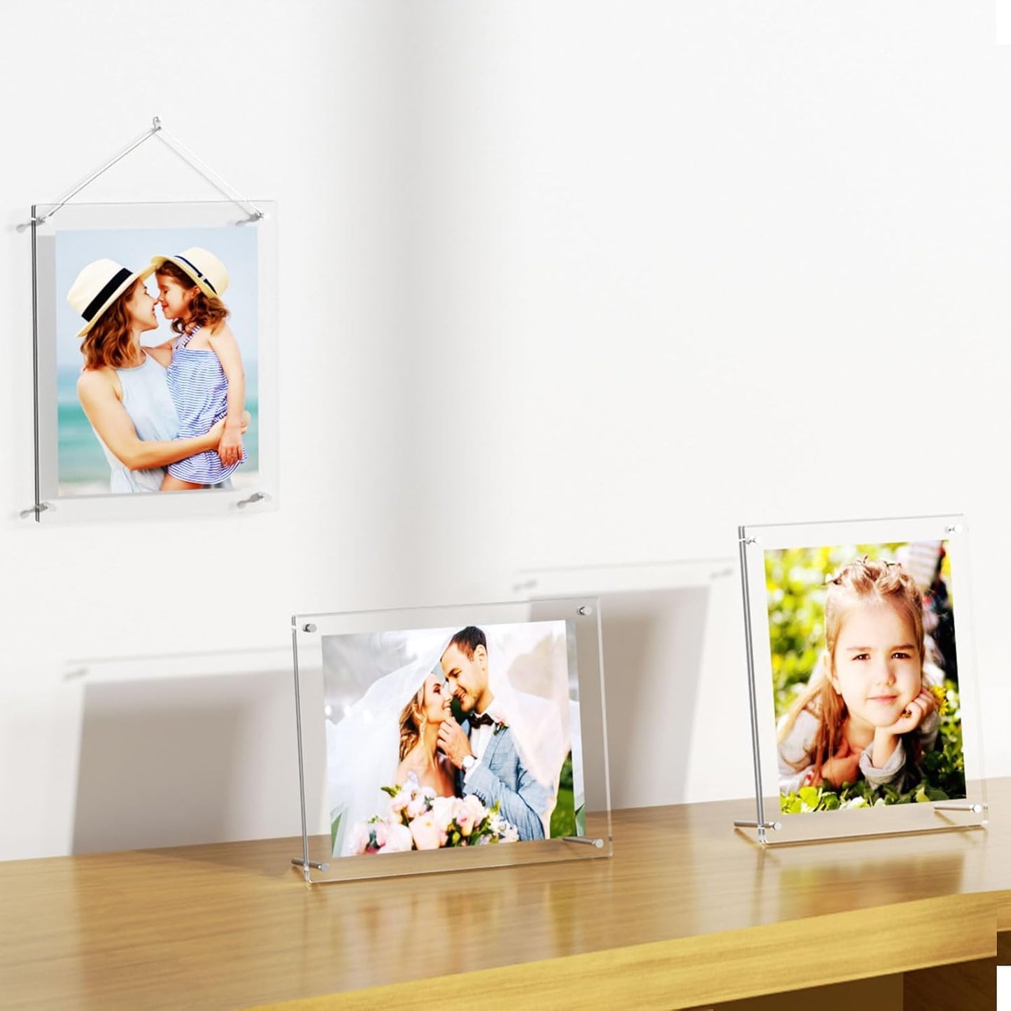 AITEE 5x7 Acrylic Picture Frames 2 Pack, Clear Desk Picture Frames with Stand, Modern Frameless Floating Frames Lucite Transparent Square Cubes Frame for Wall & Desktop Display Gift for Home Office