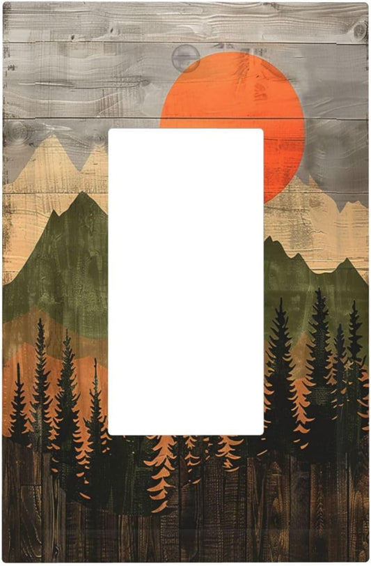Decorative Outlet Covers Vintage Wood Grain Sun Forest Mountains 1 Gang Single Rocker Light Switch Cover Plate Wall Plates GFCI Faceplate for Farmhouse Cabin Decor