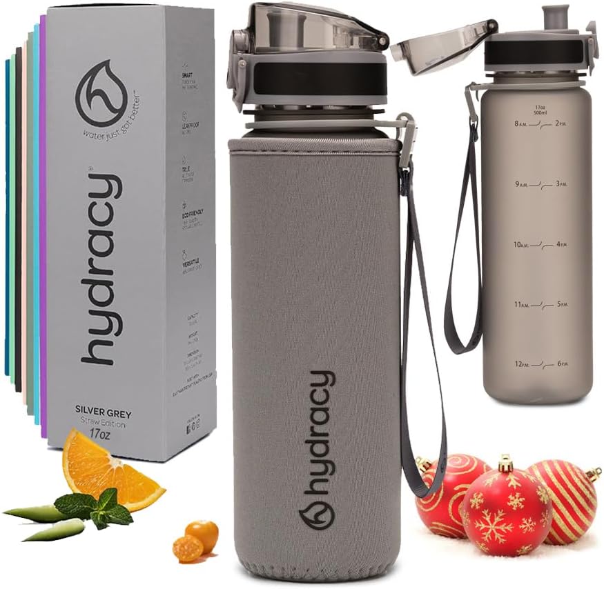 Hydracy Water Bottle with Time Marker -Large BPA Free Water Bottle & No Sweat Sleeve -Leak Proof Gym Bottle with Fruit Infuser Strainer & Times to Drink -Ideal for Fitness Sports & Outdoors