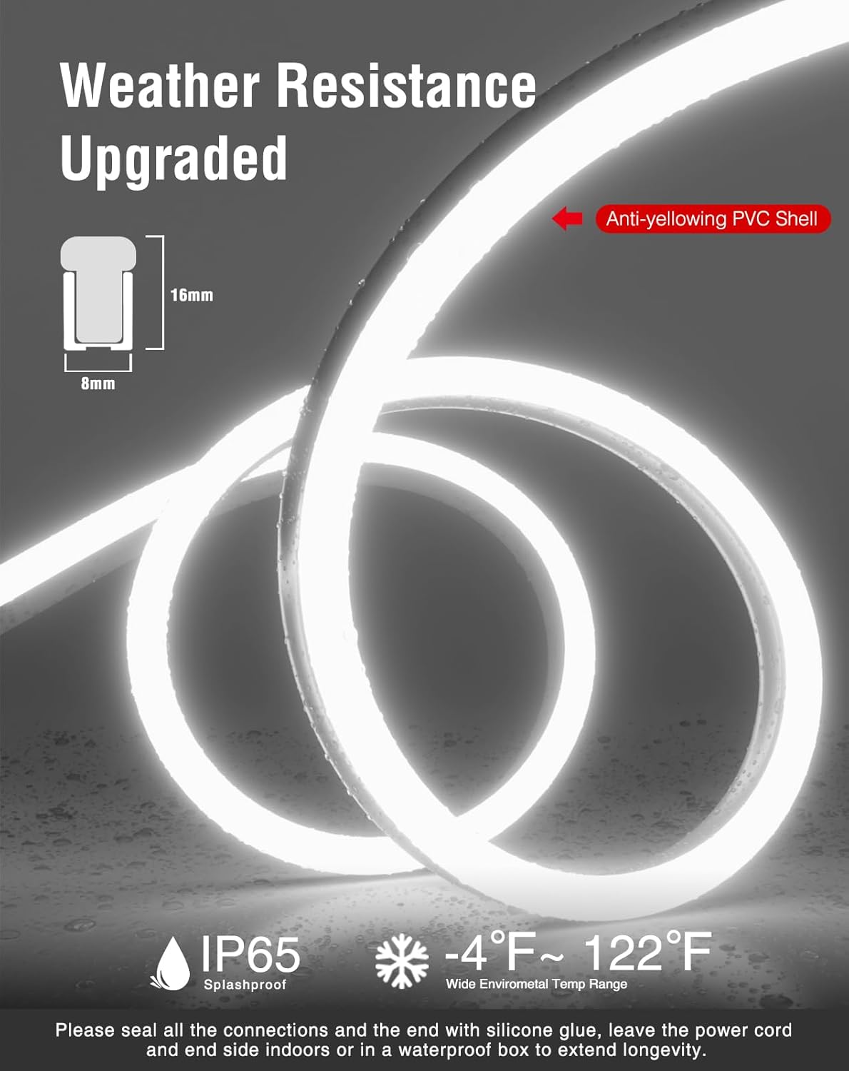 Shine Decor LED Neon Rope Lights AC 120V, Expandable & Cuttable 120LEDs/M Bright Strip Lighting, ETL Cold-Resistant & IP65 Waterproof for Indoor Outdoor, 8x16mm, 6300K Cool White, 32.8ft