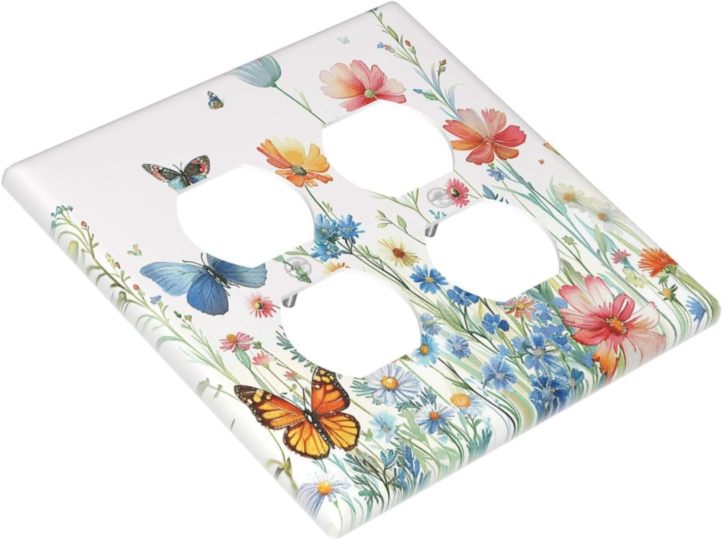 Decorative Outlet Covers Rustic Wildflower Blue Pink Floral Butterfly 2 Gang Light Switch Cover Plate Double Duplex Wall Plates for Electrical Outlets Switch Plate Covers for Home Decor