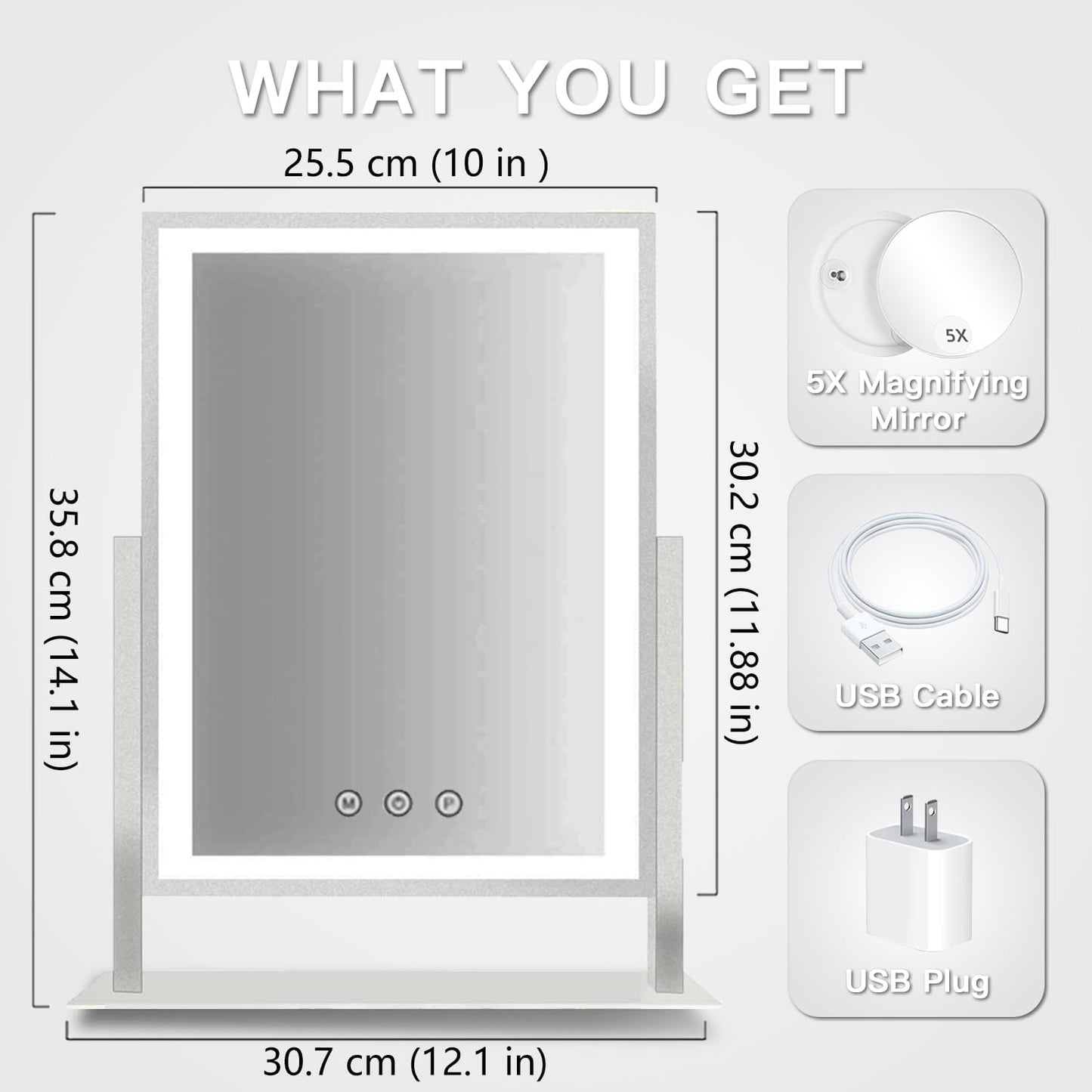 HIEEY Lighted Makeup Mirror, Hollywood Vanity Mirror with Lights, Three Color Lighting Modes, and 5X Magnification Mirror, Smart Touch Control, 360°Rotation (14.1in,White,Gift Box)