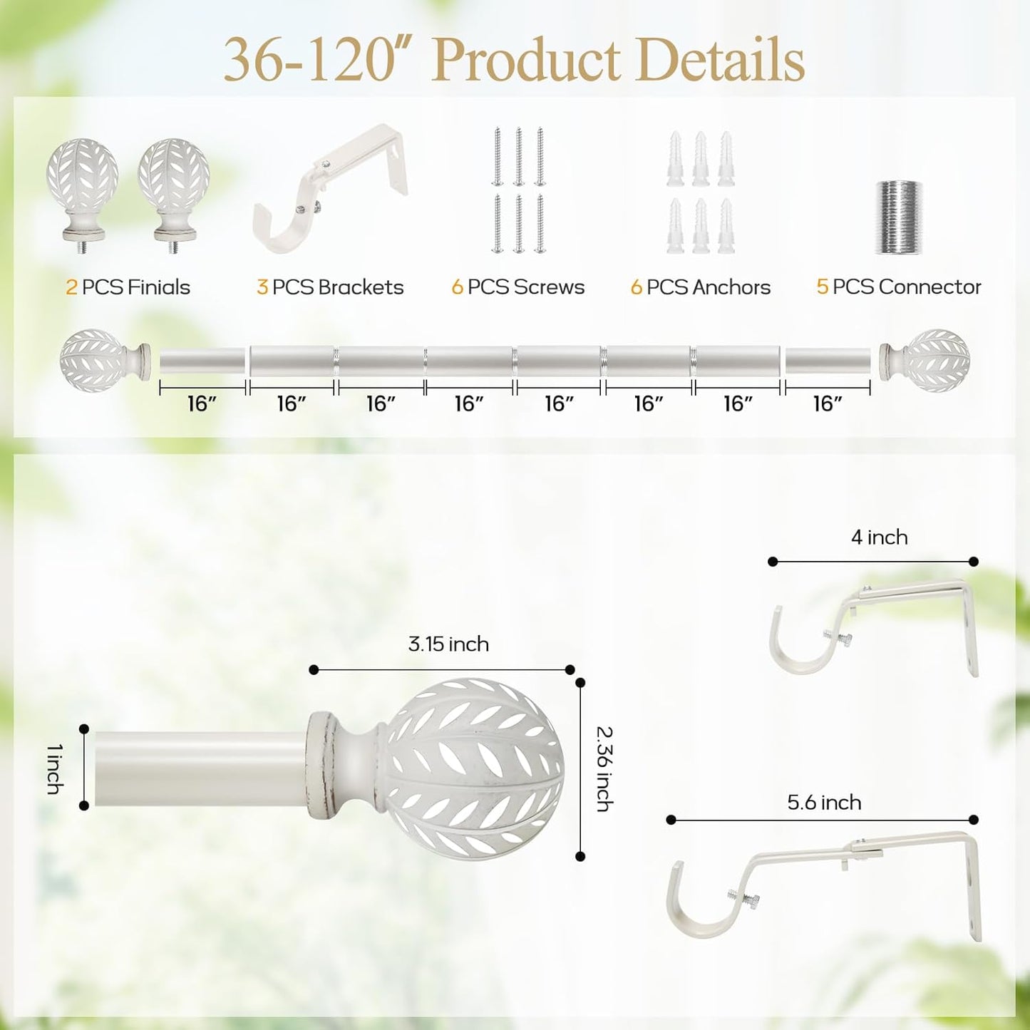Weathered White Curtain Rod for Windows 66 to 120 Inches(5.5-10ft)， 1'' Diameter Heavy Duty Adjustable Curtain Rod with Leaf Pattern Finials - for Living Room, Bedroom,etc 36-120''
