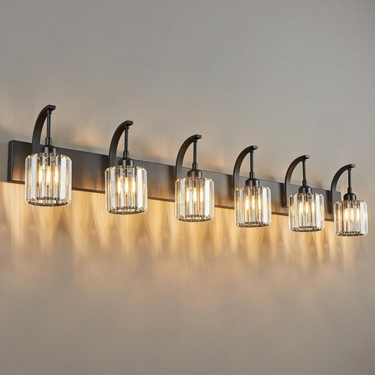 6-Light Crystal Vanity Light, Black Modern Wall Sconce with K9 Crystal Shades, 51.18" Long Over Mirror Lighting for Bathroom, Makeup, Hallway, Elegant & Easy Install