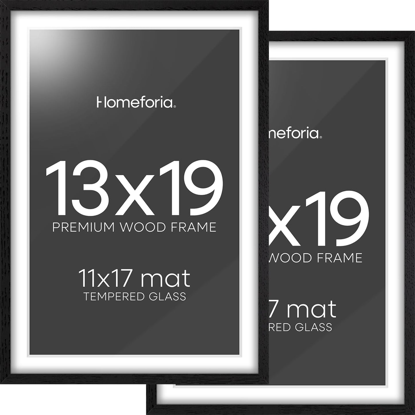Homeforia 13x19 Picture Frame Black Wood, High End Oak 13x19 Frames with Mat 11x17 Photo, 13 x 19 Wooden Poster Frame Matted to 11 by 17 Print, 19x13 Hanging Frames, Tempered Glass, Wall Kit, Set of 2