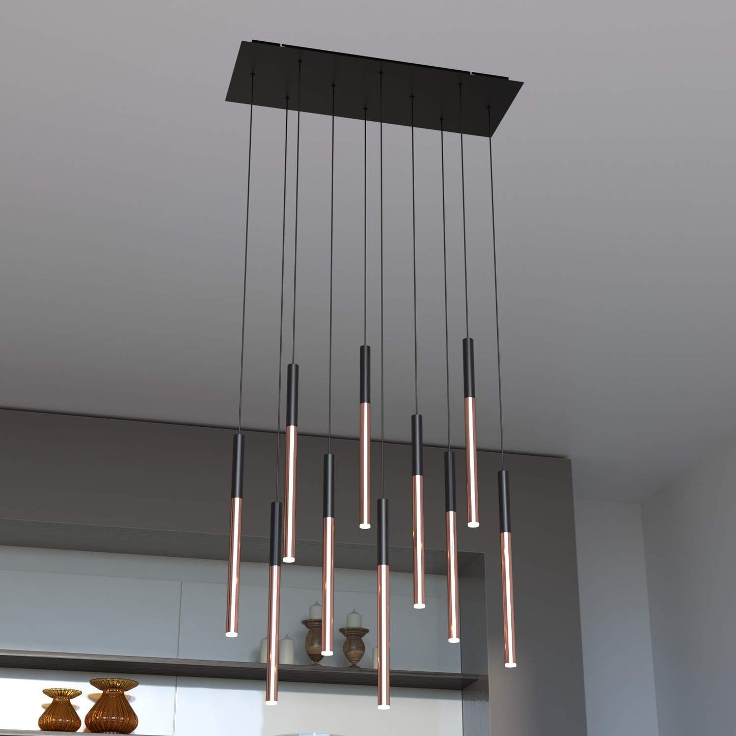 ALTAIR 10 Mini Pendant Lighting Black-Copper - LED Hanging Light Fixture for Kitchen Island, Bar, Foyer - Cluster Pendants - Dimmable, Adjustable Wire, Lamp Bulb Included