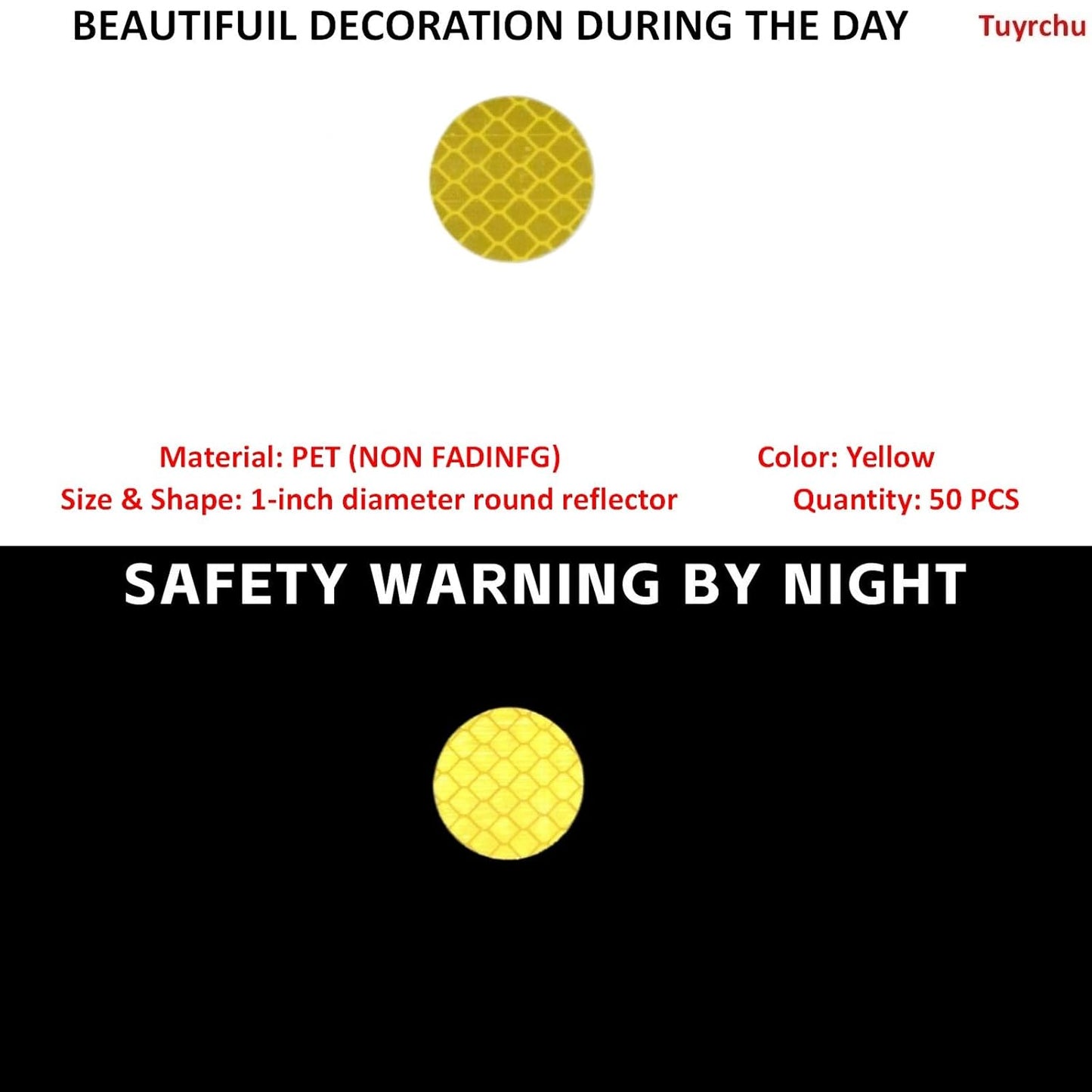 Non Fading Yellow Reflective Stickers 1-inch Diameter Round Reflector, Outdoor Waterproof High Visibility Warning Adhesive Tape (50 Pcs)